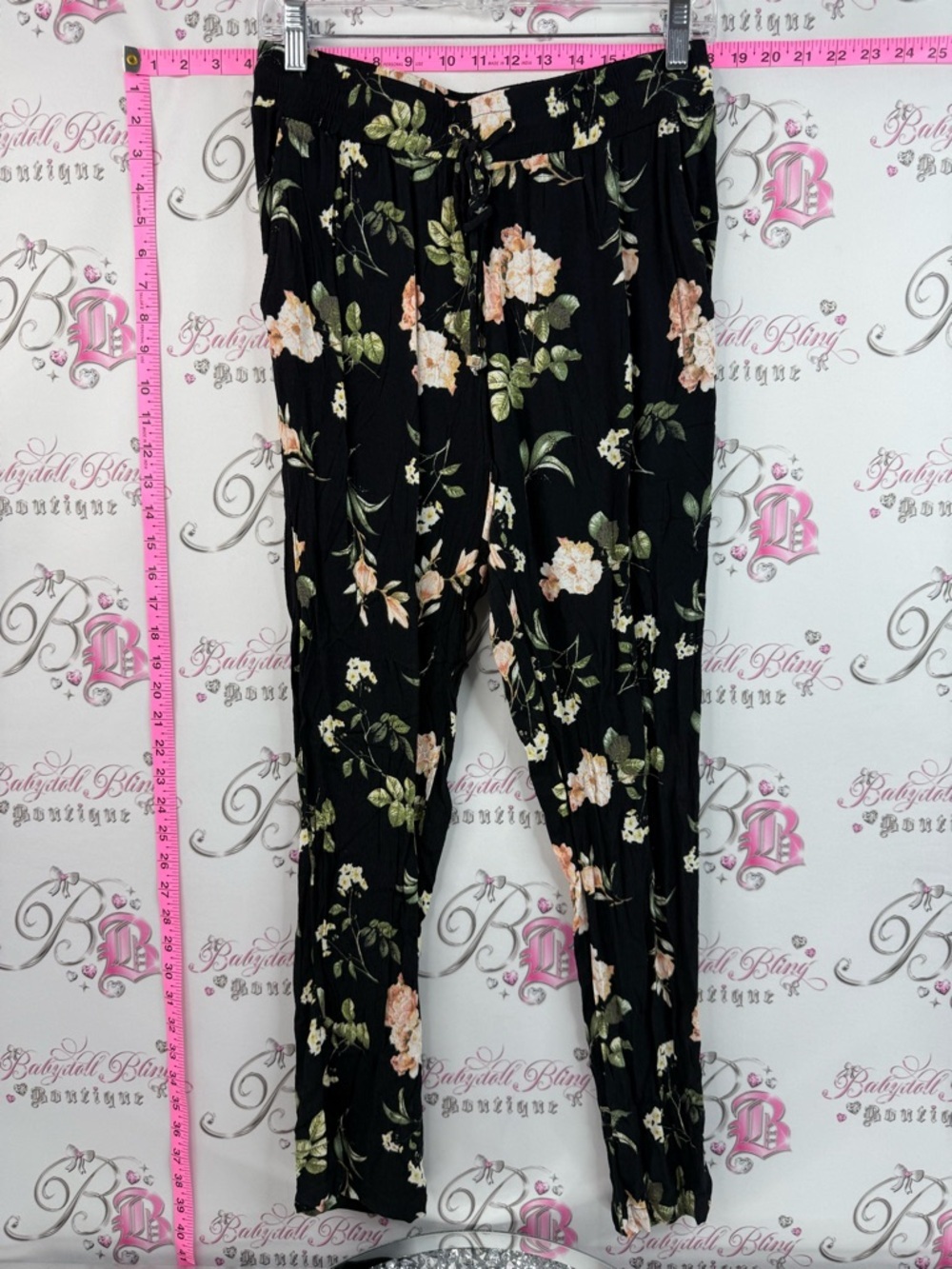 le chateau pants flowers flowy comfy Black Floral Tie Waist Pants orange pink